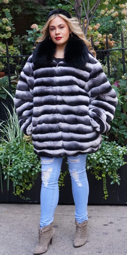Plus Size Rex Rabbit Jacket Dyed Chinchilla Fox Collar 38272 - Image 4
