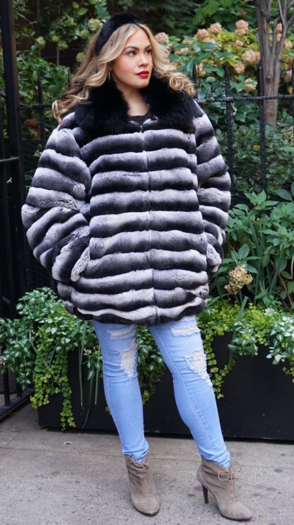 Plus Size Rex Rabbit Jacket Dyed Chinchilla Fox Collar 38272