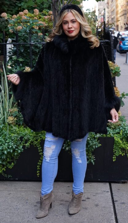 Black Knit Mink Poncho Fox Trim 7436 - Image 2