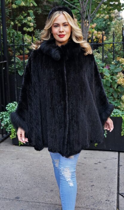 Black Knit Mink Poncho Fox Trim 7436 - Image 3