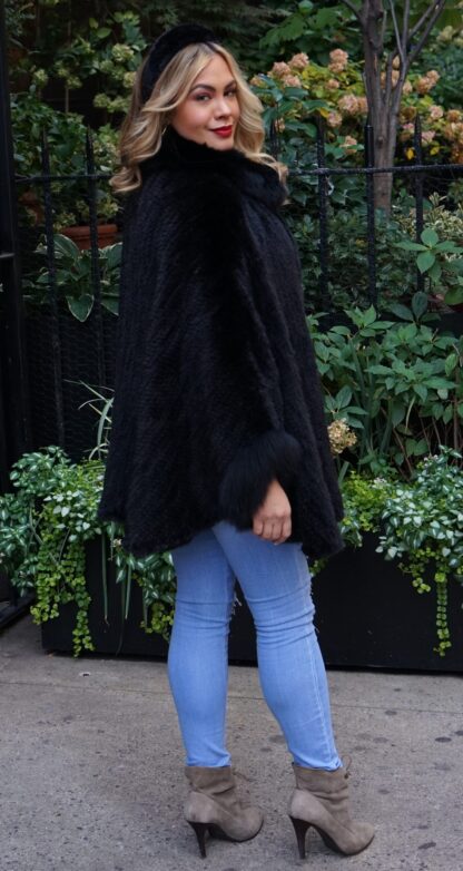 Black Knit Mink Poncho Fox Trim 7436 - Image 4