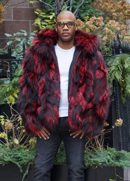 Burgundy Black Men's Fox Fur Jacket Hooded 3837 - Image 3