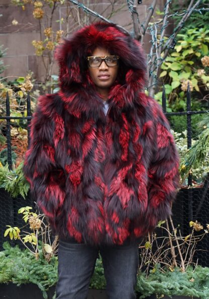 Burgundy Black Men's Fox Fur Jacket Hooded 3837 - Image 4