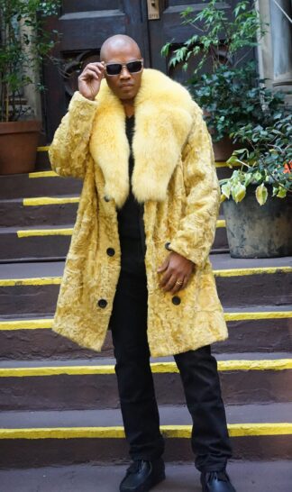 Men's Yellow Persian Lamb Fur Coat Fox Collar 3332