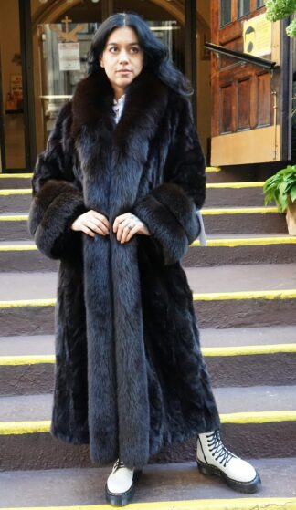 Full Length Mahogany Mink Section Coat Fox Tuxedo and Cuffs 7654