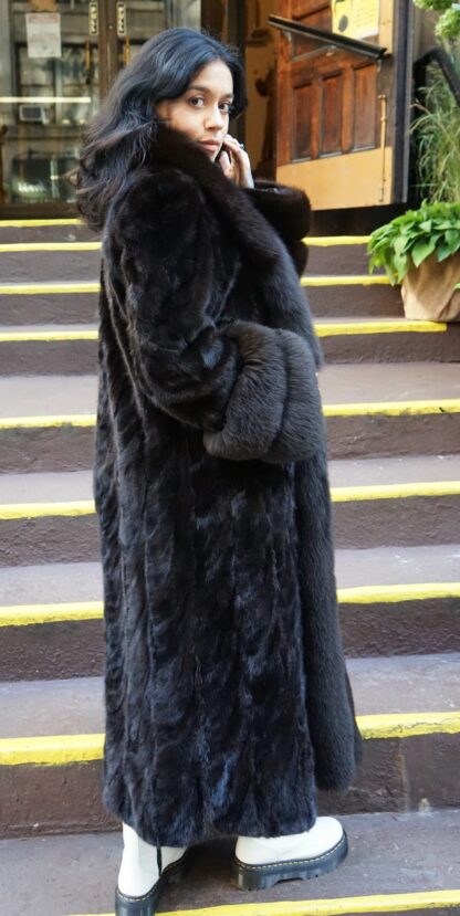 Full Length Mahogany Mink Section Coat Fox Tuxedo and Cuffs 7654 - Image 2
