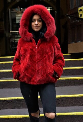 Red Mink Bomber Jacket Hood Fox Trim 87612