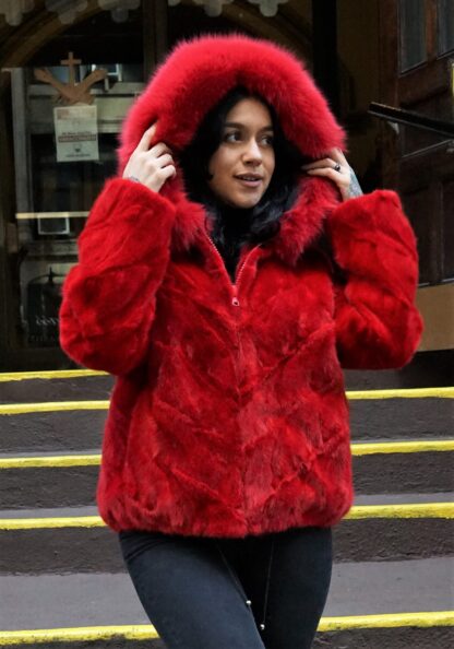 Red Mink Bomber Jacket Hood Fox Trim 87612 - Image 2