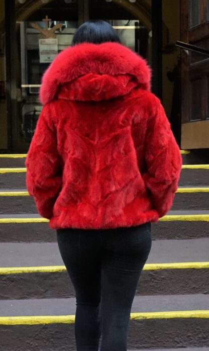 Red Mink Bomber Jacket Hood Fox Trim 87612 - Image 3