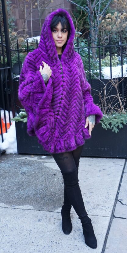 Fuchsia Knit Mink Poncho Hood 8765 - Image 2