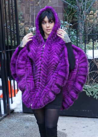 Fuchsia Knit Mink Poncho Hood 8765