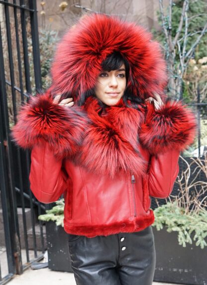 Red Shearling Jacket Dyed Red Silver Fox Collar Cuffs 7654 - Image 3