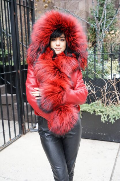 Red Shearling Jacket Dyed Red Silver Fox Collar Cuffs 7654 - Image 4