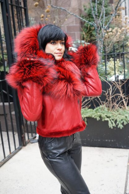 Red Shearling Jacket Dyed Red Silver Fox Collar Cuffs 7654 - Image 6