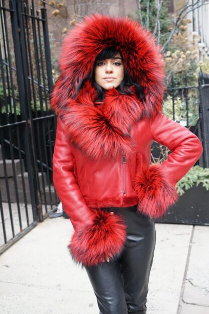 Red Shearling Jacket Dyed Red Silver Fox Collar Cuffs 7654 - Image 7