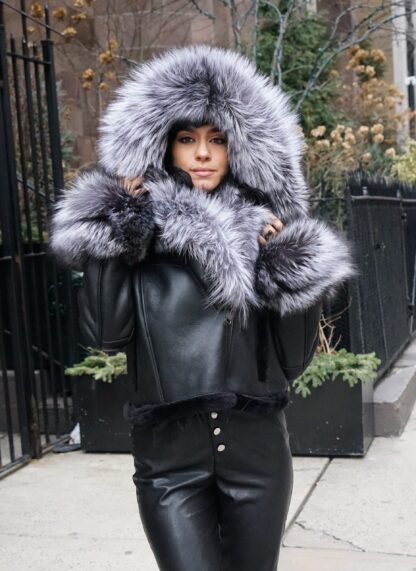 Black Shearling Jacket Silver Fox Hood 12144 - Image 2