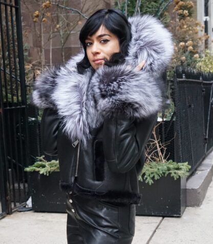 Black Shearling Jacket Silver Fox Hood 12144 - Image 3