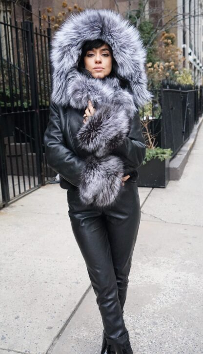 Black Shearling Jacket Silver Fox Hood 12144 - Image 4
