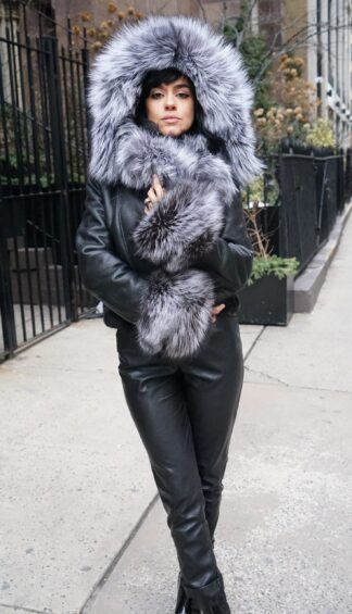 Black Shearling Jacket Silver Fox Hood 12144