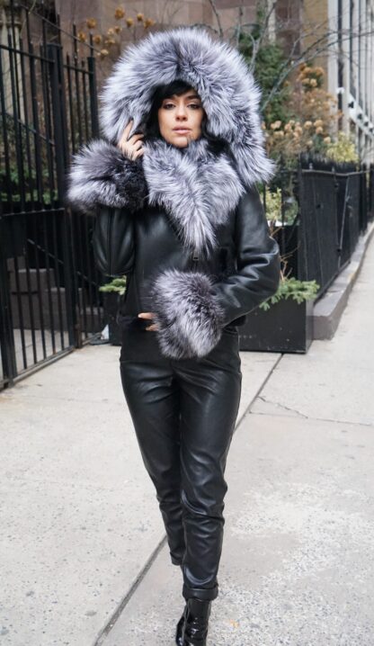Black Shearling Jacket Silver Fox Hood 12144 - Image 5
