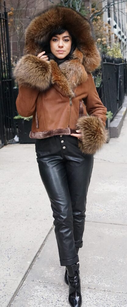 Cognac Shearling Jacket Fox Trim 27726 - Image 2