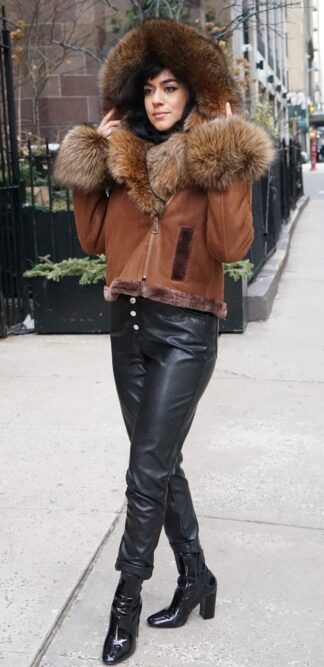 Cognac Shearling Jacket Fox Trim 27726