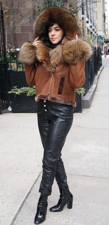 Cognac Shearling Jacket Fox Trim 27726