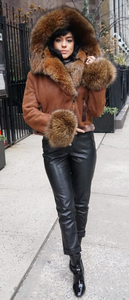 Cognac Shearling Jacket Fox Trim 27726 - Image 5
