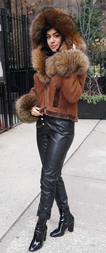 Cognac Shearling Jacket Fox Trim 27726 - Image 6