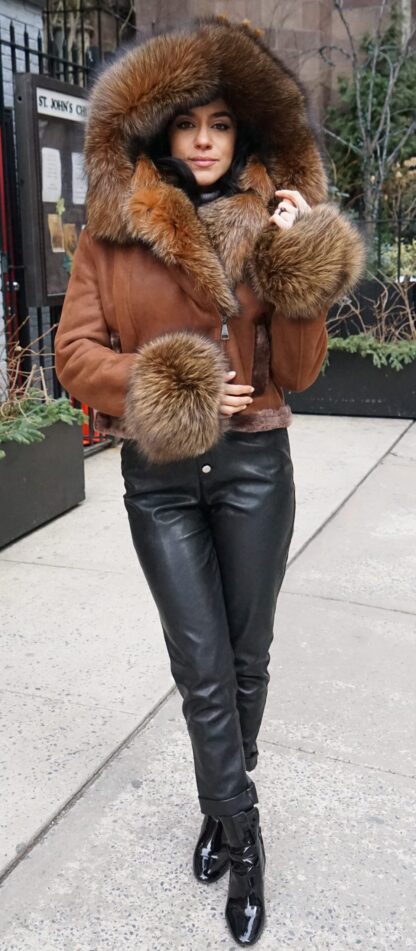Cognac Shearling Jacket Fox Trim 27726 - Image 7