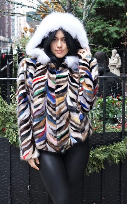 Multi Colored Mink Jacket Hood Fox Trim 2837 - Image 3