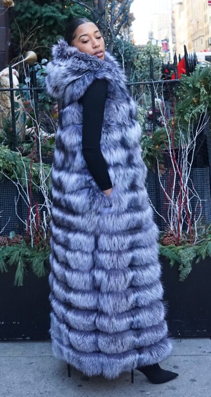 Hooded Horizontal Silver Fox Long Vest 99558 - Image 2