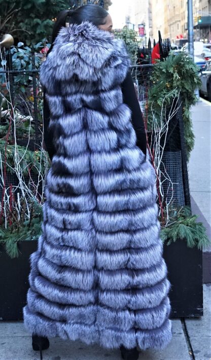 Hooded Horizontal Silver Fox Long Vest 99558 - Image 3