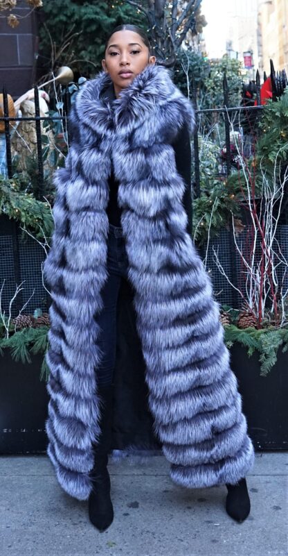 Hooded Horizontal Silver Fox Long Vest 99558 - Image 4