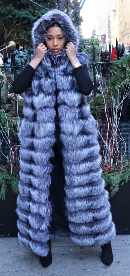 Hooded Horizontal Silver Fox Long Vest 99558 - Image 5