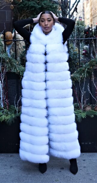 Hooded White Fox Long Vest 3928