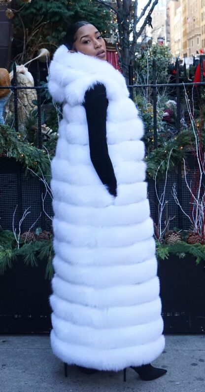 Hooded White Fox Long Vest 3928 - Image 6