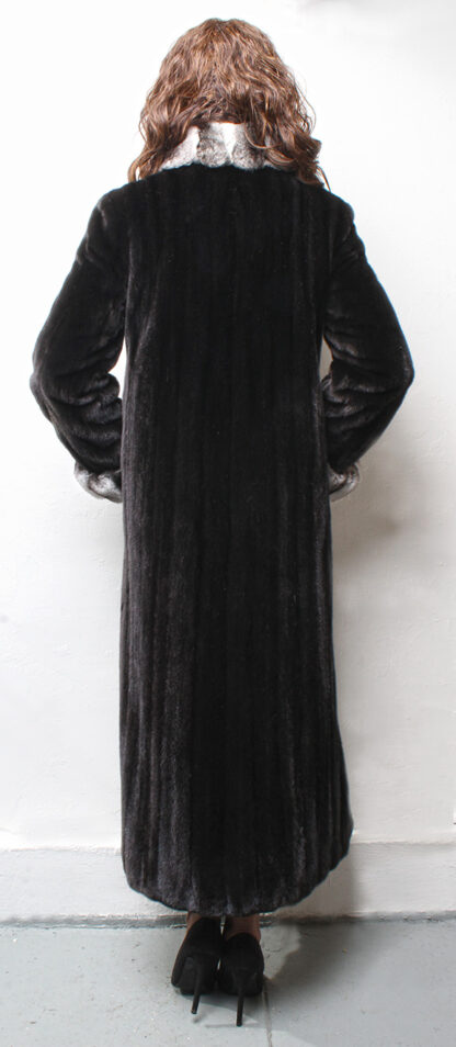 Full Length Ranch Mink Coat with Chinchilla Fur Tuxedo Trim Chinchilla Collar Cuffs #01628 - Image 3