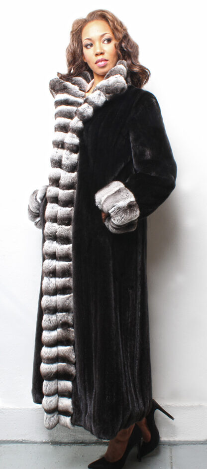 Full Length Ranch Mink Coat with Chinchilla Fur Tuxedo Trim Chinchilla Collar Cuffs #01628 - Image 2