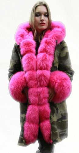 Green Camouflage Pink Fox Fur Trim 99933