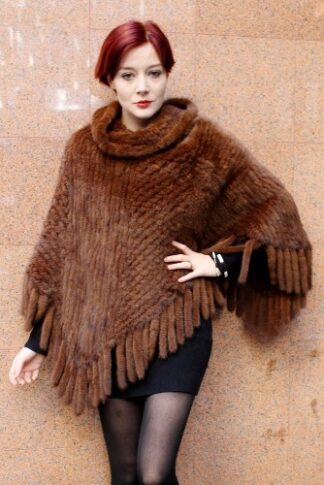 Brown Knitted Mink Poncho Hood Fringes 1125