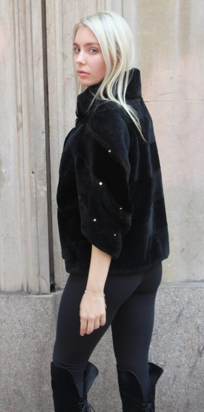 Black Sheared Rex Fur Jacket Brown Striped 88383 - Image 2
