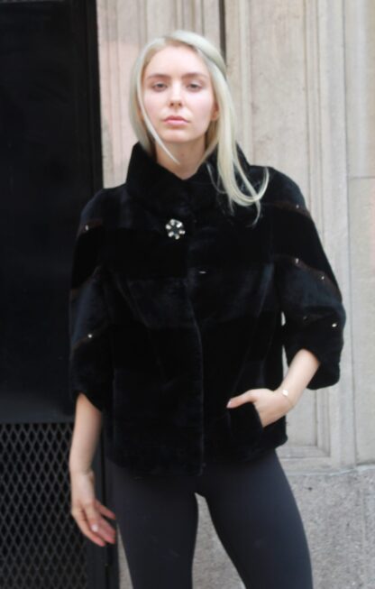 Black Sheared Rex Fur Jacket Brown Striped 88383 - Image 3