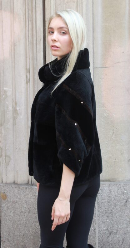 Black Sheared Rex Fur Jacket Brown Striped 88383 - Image 6