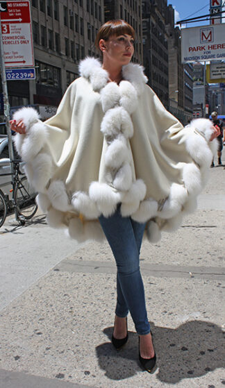 White Cashmere Cape with Hood and Fox Fur Trim