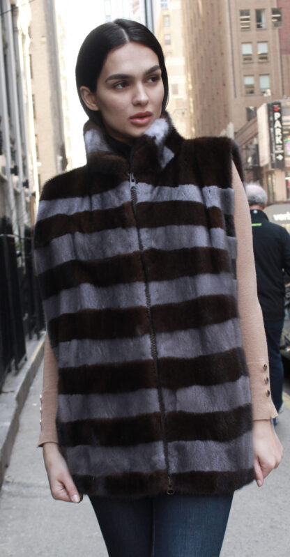 Brown Grey Striped Mink Fur Vest 65098 - Image 3
