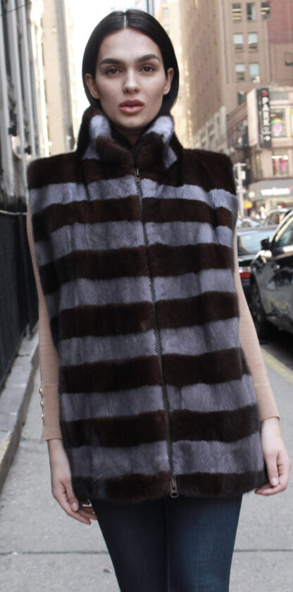 Brown Grey Striped Mink Fur Vest 65098 - Image 4