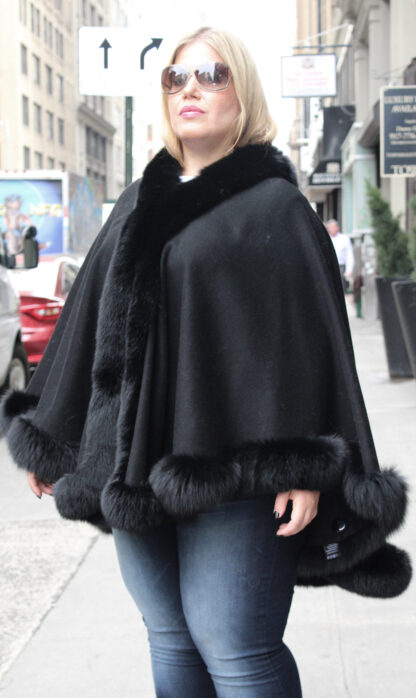 Black Cashmere Cape With Fox Trim 5500 - Image 2