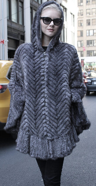 Gray Knit Mink Fur Poncho with Hood 1195