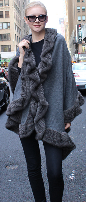Gray Cape with Knit Mink Fur Trim 1695